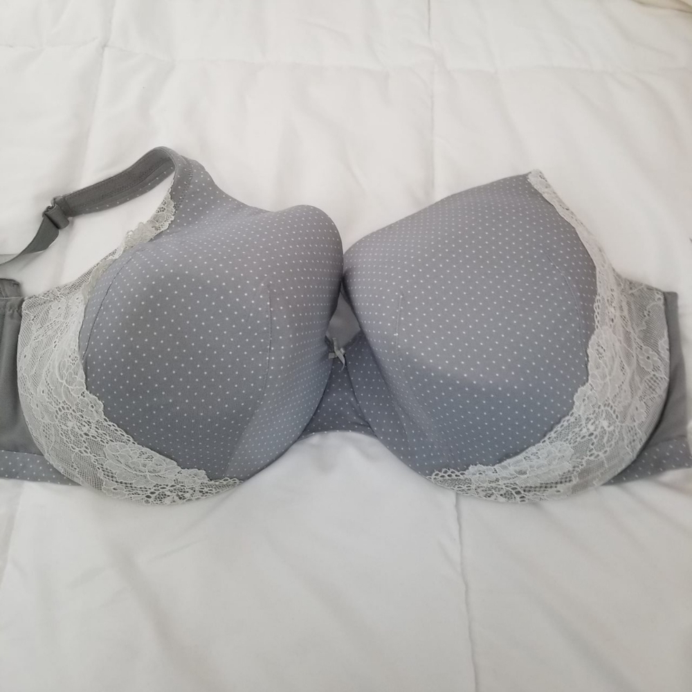 Lane Bryant gray bra with white poka dots
